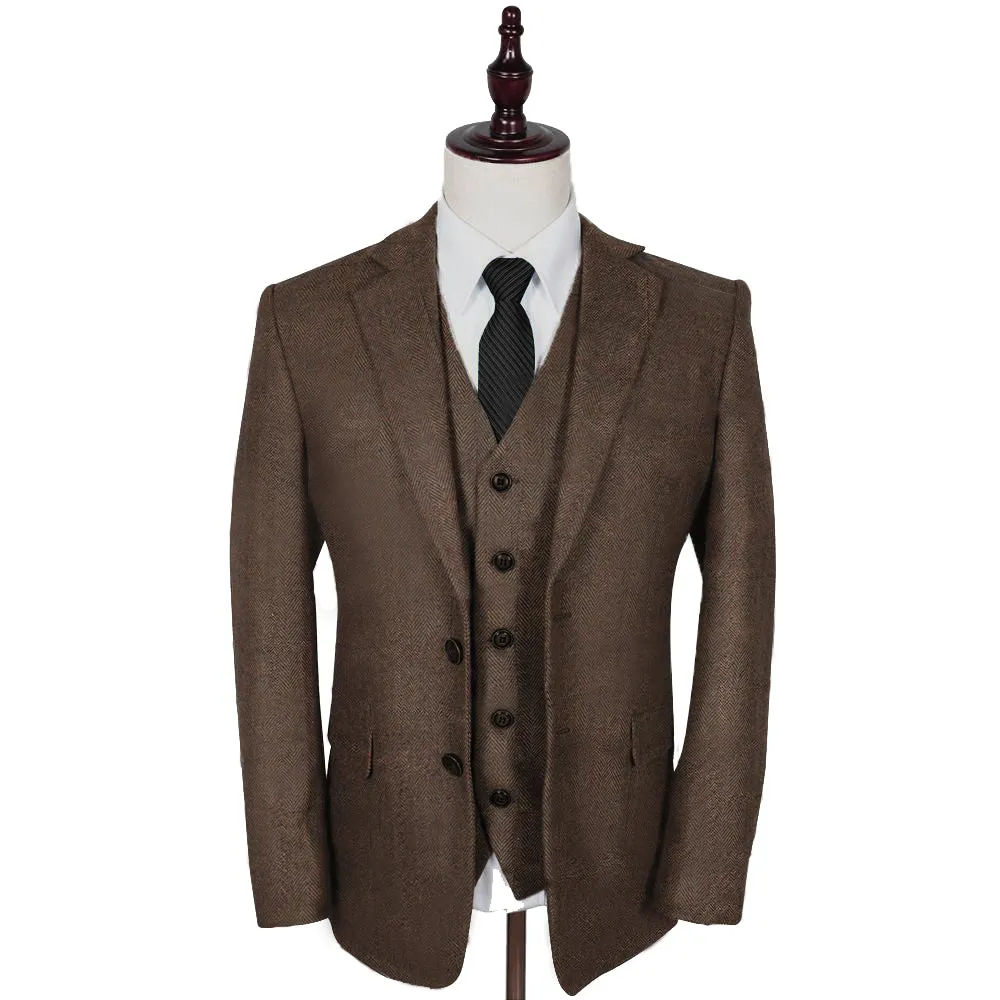 Larger Brown Estate Herringbone 3 Piece Tweed Suit