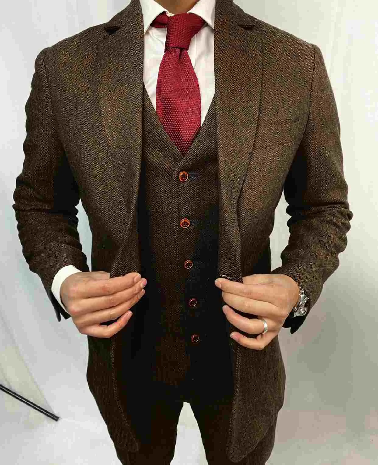 Larger Brown Estate Herringbone 3 Piece Tweed Suit