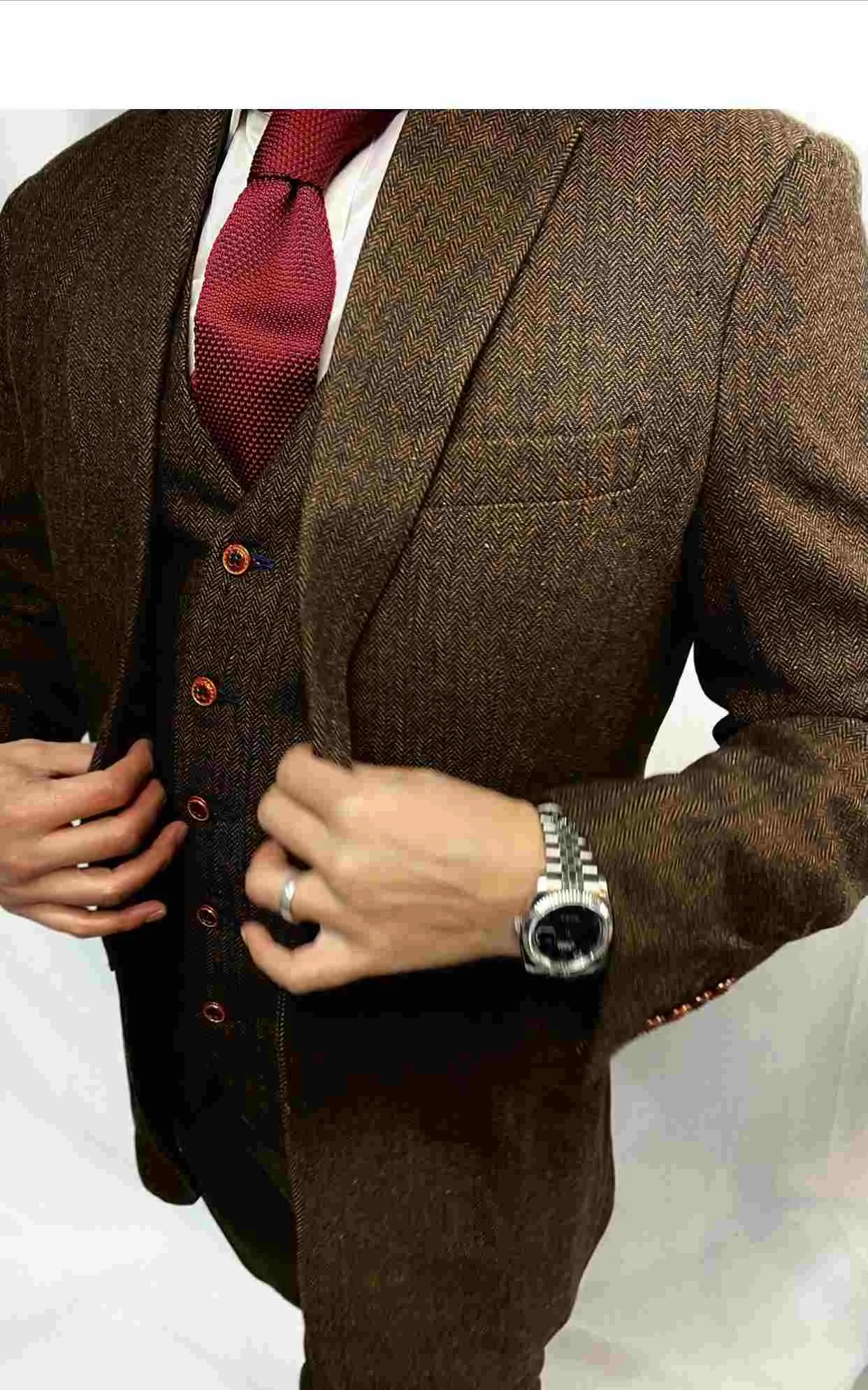 Larger Brown Estate Herringbone 3 Piece Tweed Suit