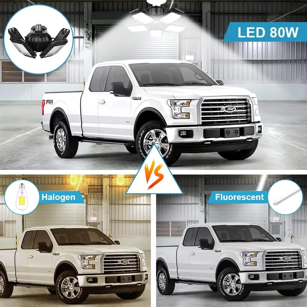 LED Garage Lights 2 Pack,Ceiling LED Shop Light 160W 16000LM 6500K Screw in Led Light with 5 1 Deformable Panels, Bright Led Lighting for Garage Workshop Basement Support E26/E27 Socket