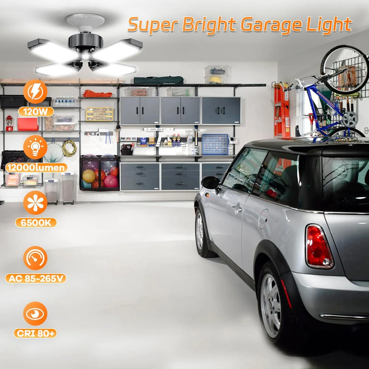 LED Garage Lights 4 Pack, 120W 12000LM Garage Lighting 6500K with 4 1 Deformable Panels, Screw Into E26 E27 Socket, Ceiling Lighting for Shop Workshop Basement Barn Attic Bay