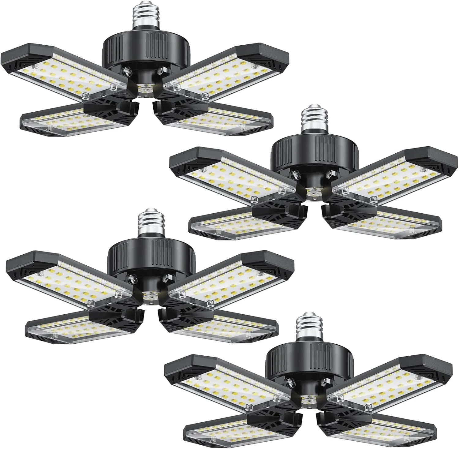 LED Garage Lights 4 Pack, 120W 12000LM Garage Lighting 6500K with 4 1 Deformable Panels, Screw Into E26 E27 Socket, Ceiling Lighting for Shop Workshop Basement Barn Attic Bay