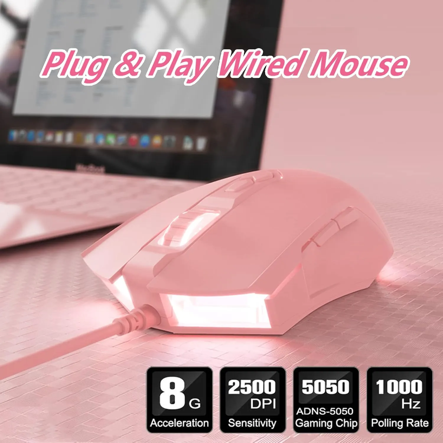 Lomiluskr AJ52 RGB Wired Gaming Mouse, 7 Programmable Buttons, Computer Mice with RGB Lighting, 200-4800 DPI Adjustable, for PC/Laptop (Pink)