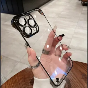 Luxury Plating Transparent Frameless Ultra Thin Case for iPhone 15 14 Plus 13 12 11 Pro Max Clear Hard Camera Protection Cover,Black,for iPhone 13