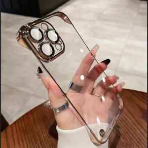 Luxury Plating Transparent Frameless Ultra Thin Case for iPhone 15 14 Plus 13 12 11 Pro Max Clear Hard Camera Protection Cover,Gold,for iPhone 13