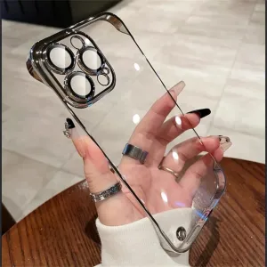 Luxury Plating Transparent Frameless Ultra Thin Case for iPhone 15 14 Plus 13 12 11 Pro Max Clear Hard Camera Protection Cover,Silver,for iPhone12