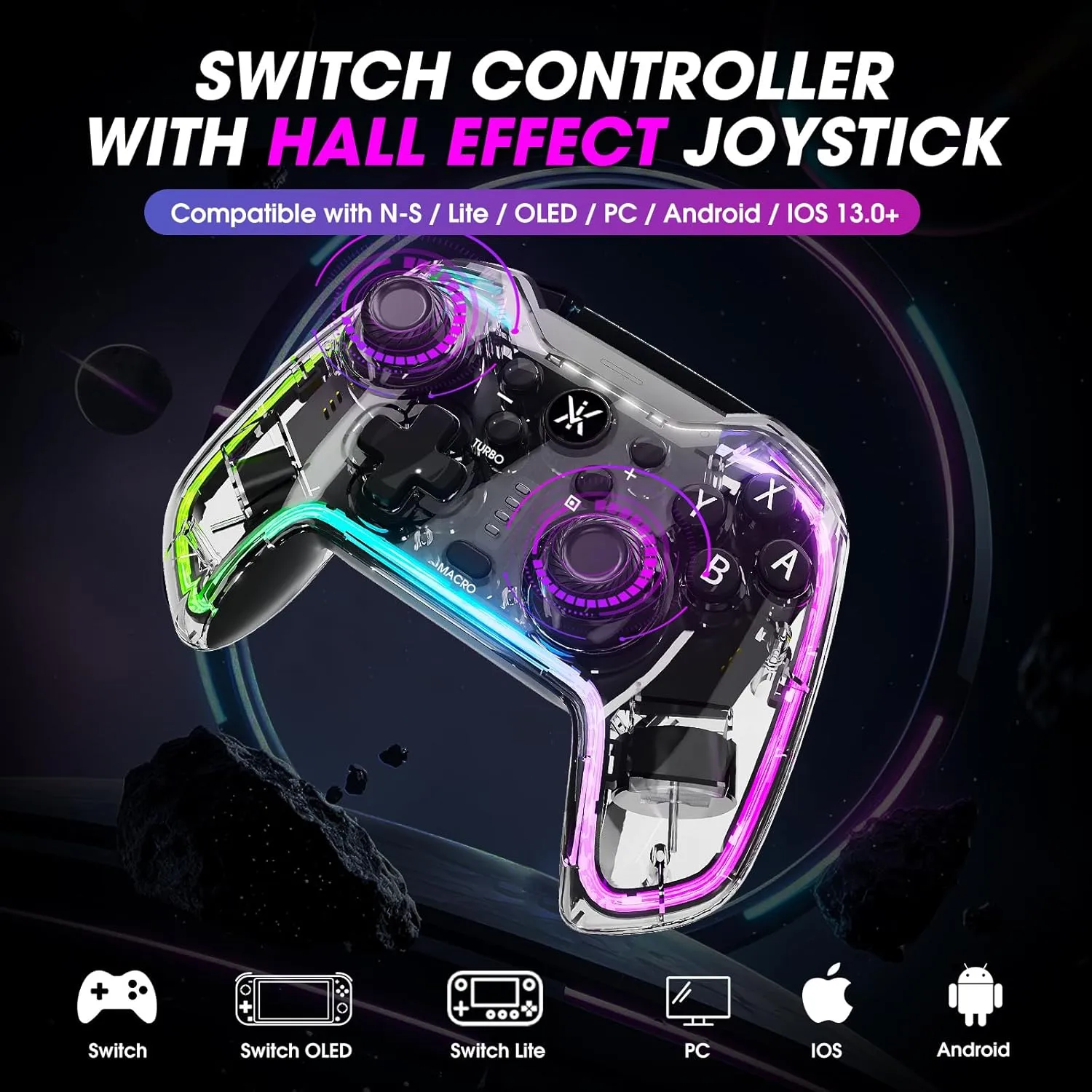 Lyvix Wireless Switch Pro Controller with Hall Effect Joysticks, Game Controller for Nintendo Switch/Lite/OLED, RGB Gaming Controller for PC/IOS/Android/Steam, with Clicky Backbuttons,Turbo, Wake-up