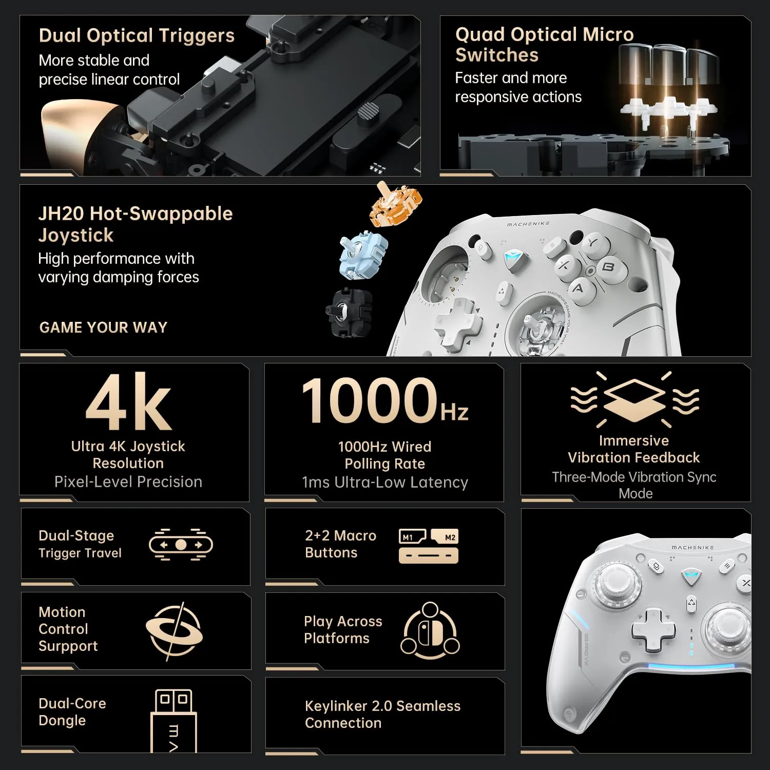 Machenike G5Pro V2 1000HZ Wireless Gaming Controller for NS/PC/iOS/Android,Bluetooth 2.4G Wired PC Controller With Optical Micro Switches, Hot-Swappable Joystick,Optical Triggers,RGB Backlight