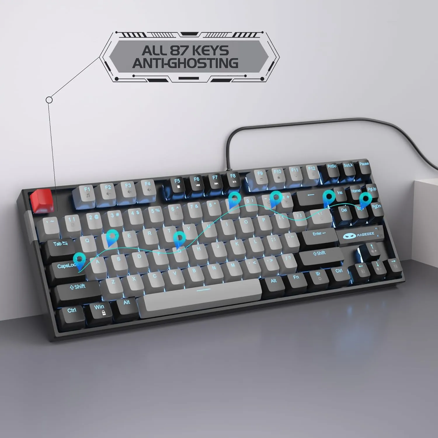 MageGee 75% Mechanical Gaming Keyboard with Blue Switch, LED Blue Backlit Keyboard, 87 Keys Compact TKL Wired Computer Keyboard for Windows Laptop PC Gamer - Grey/Black