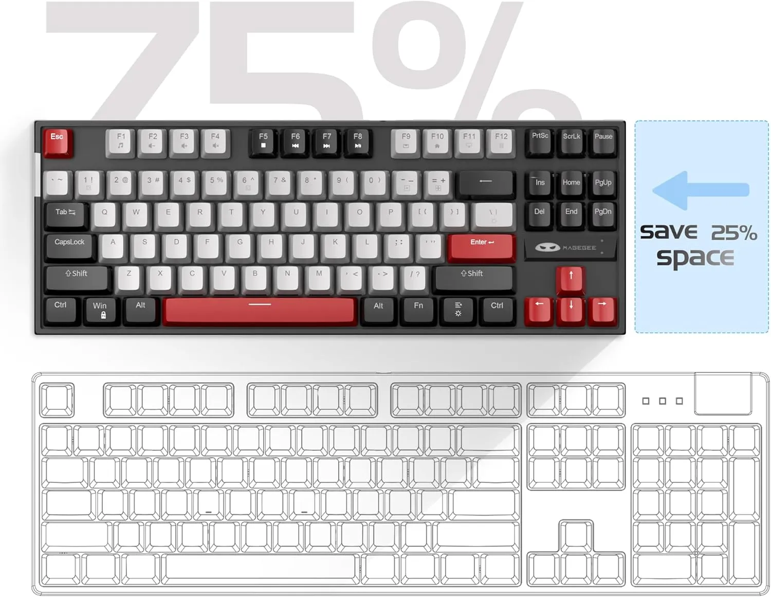 MageGee 75% Mechanical Gaming Keyboard with Blue Switch, LED Blue Backlit Keyboard, 87 Keys Compact TKL Wired Computer Keyboard for Windows Laptop PC Gamer - Grey/Black