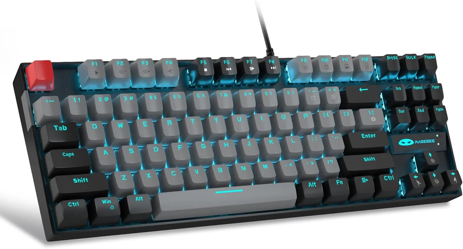 MageGee 75% Mechanical Gaming Keyboard with Blue Switch, LED Blue Backlit Keyboard, 87 Keys Compact TKL Wired Computer Keyboard for Windows Laptop PC Gamer - Grey/Black