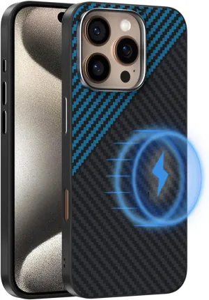 Magnetic Carbon Fiber Case for iPhone 13 Compatible with MagSafe, Slim & Ultra Thin Aramid Fiber Anti-Scratch Military-Grade & Metal Camera Shockproof Protection Case, Black&Blue