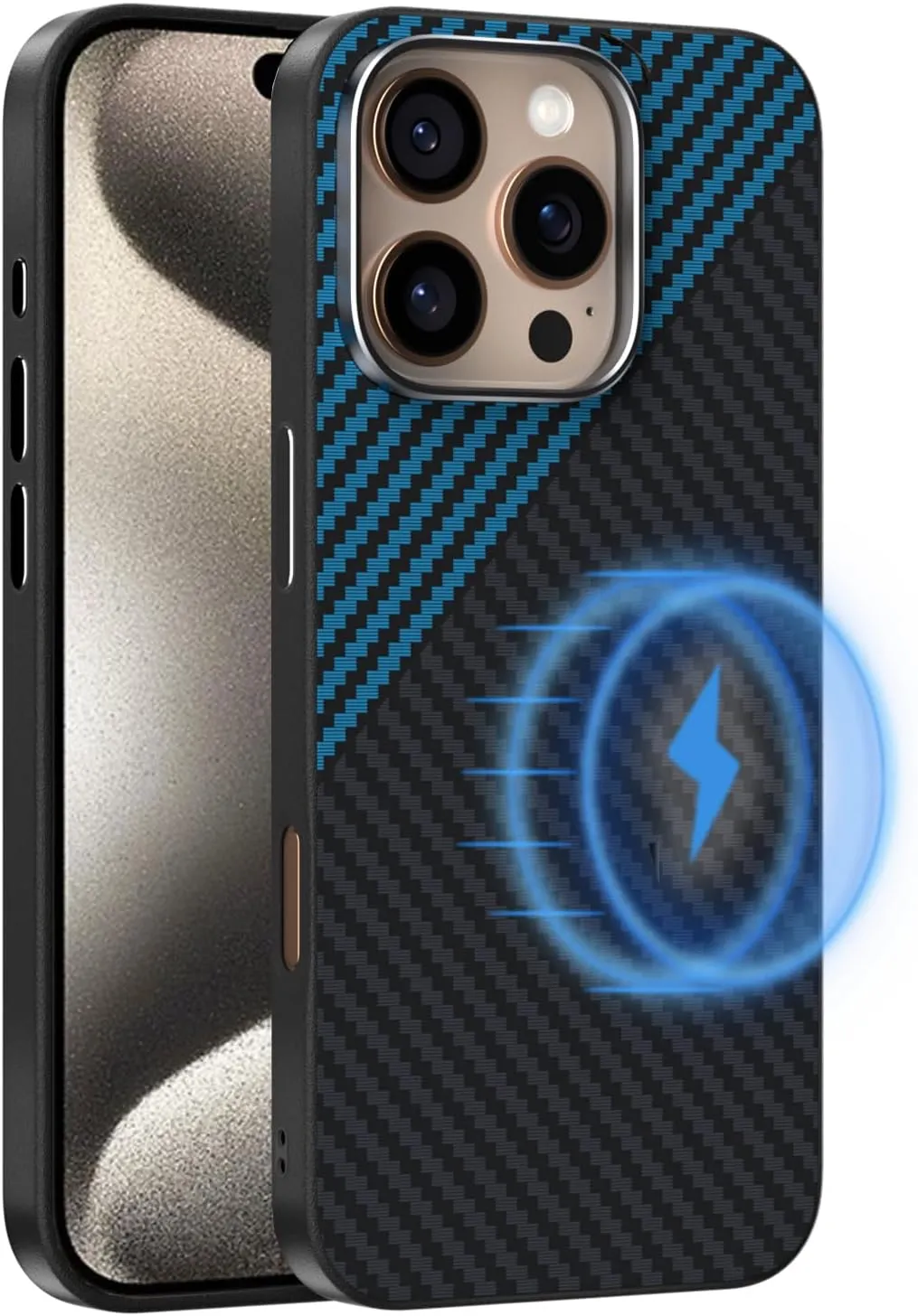 Magnetic Carbon Fiber Case for iPhone 13 Compatible with MagSafe, Slim & Ultra Thin Aramid Fiber Anti-Scratch Military-Grade & Metal Camera Shockproof Protection Case, Black&Blue