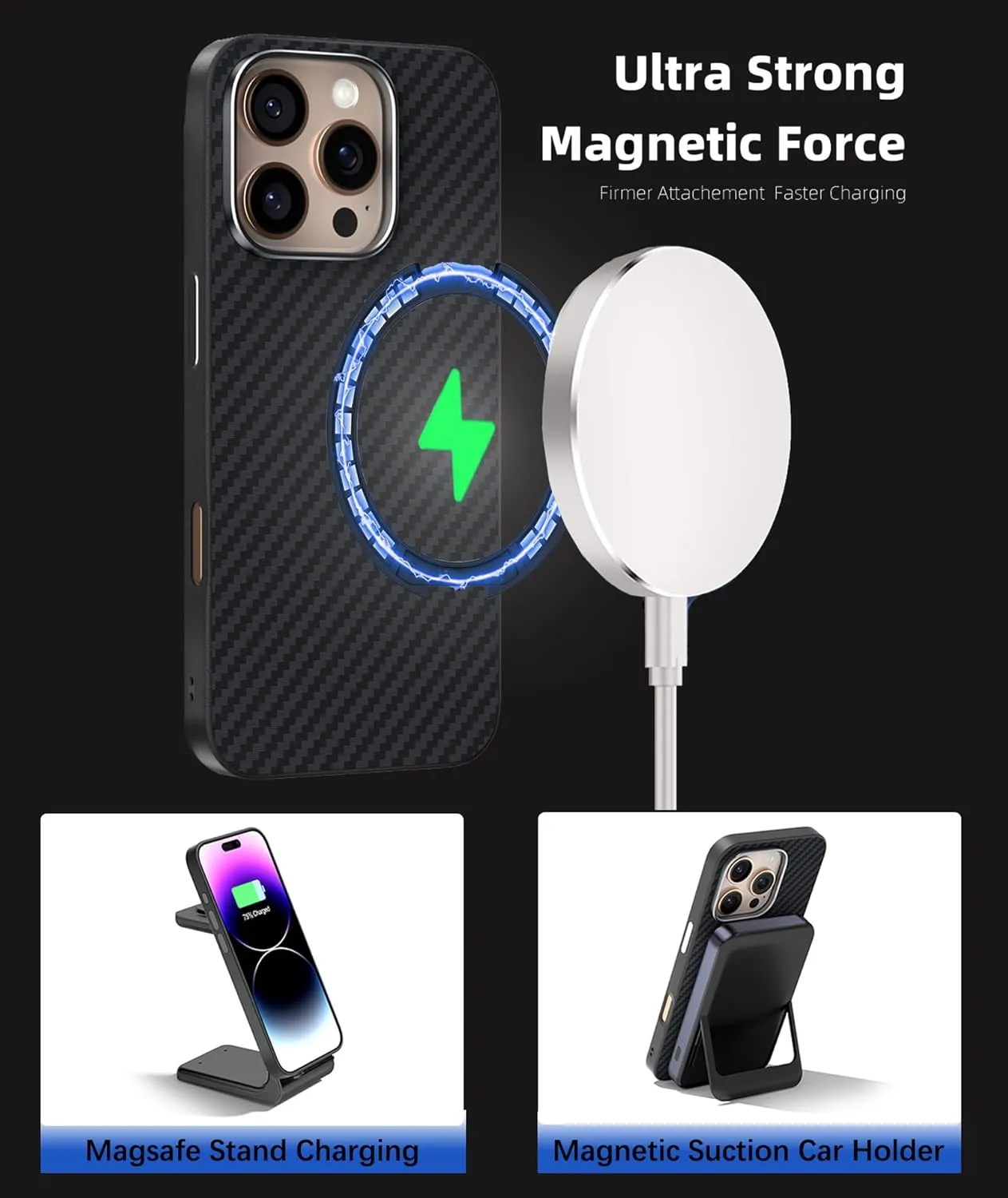 Magnetic Carbon Fiber Case for iPhone 13 Compatible with MagSafe, Slim & Ultra Thin Aramid Fiber Anti-Scratch Military-Grade & Metal Camera Shockproof Protection Case, Black&Blue