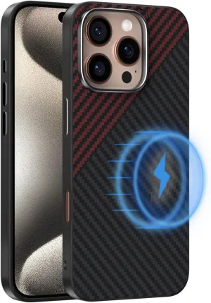 Magnetic Carbon Fiber Case for iPhone 13 Compatible with MagSafe, Slim & Ultra Thin Aramid Fiber Anti-Scratch Military-Grade & Metal Camera Shockproof Protection Case, Black&Red