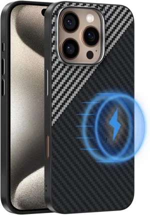 Magnetic Carbon Fiber Case for iPhone 13 Compatible with MagSafe, Slim & Ultra Thin Aramid Fiber Anti-Scratch Military-Grade & Metal Camera Shockproof Protection Case, Black&Silver