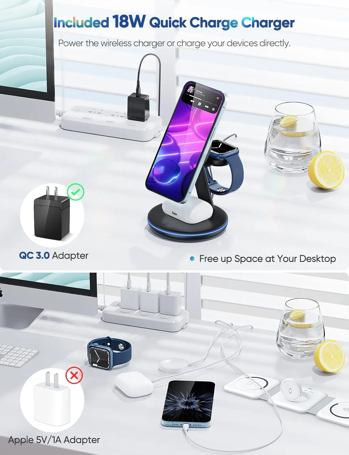 Magnetic Wireless Charging Station for Apple Series, 3-in-1 15W Fast Mag-Safe Charger Stand with QC3.0 Adapter, for iPhone 15, 14,13,12 Pro Max/Pro/Mini/Plus, iWatch Ultra/9/8/7/6/5/4/3/2, AirPods