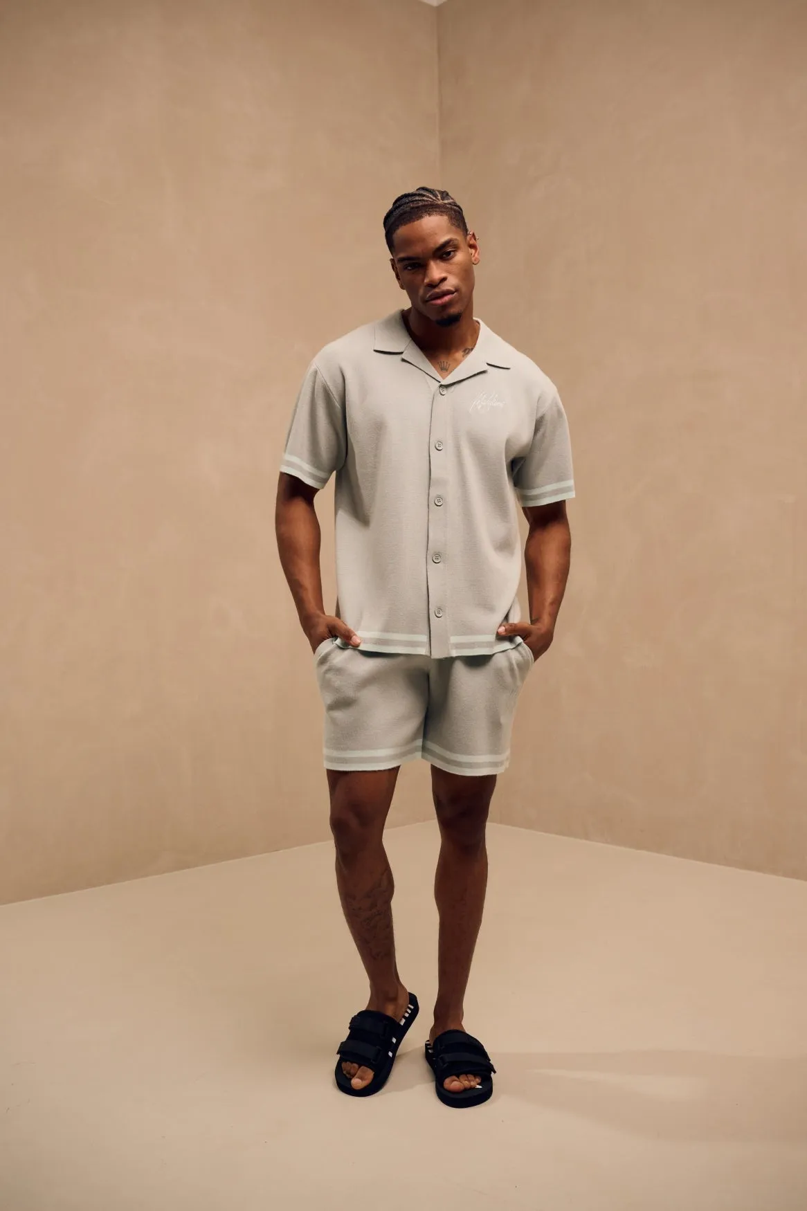 Malelions Men Knitted Camp Collar Shirt | Pale Aqua