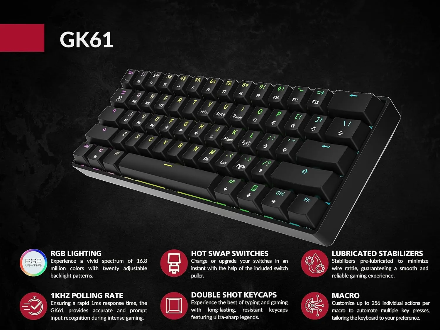 Mechanical Gaming Keyboard - 61 Keys Multi Color RGB Illuminated LED Backlit Wired Programmable for PC/Mac Gamer (Gateron Optical Red, Black)