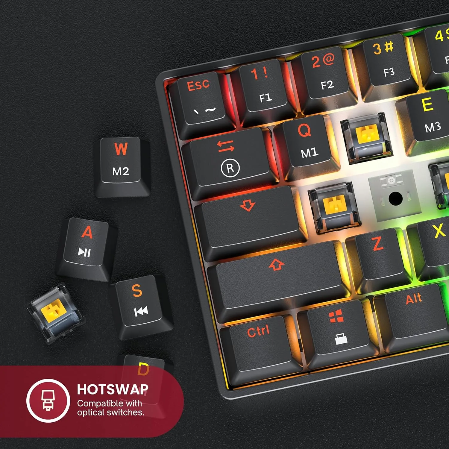 Mechanical Gaming Keyboard - 61 Keys Multi Color RGB Illuminated LED Backlit Wired Programmable for PC/Mac Gamer (Gateron Optical Red, Black)