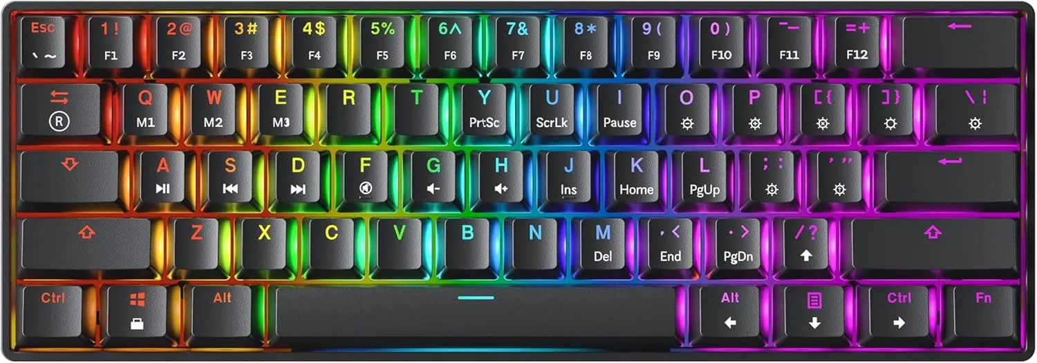 Mechanical Gaming Keyboard - 61 Keys Multi Color RGB Illuminated LED Backlit Wired Programmable for PC/Mac Gamer (Gateron Optical Red, Black)