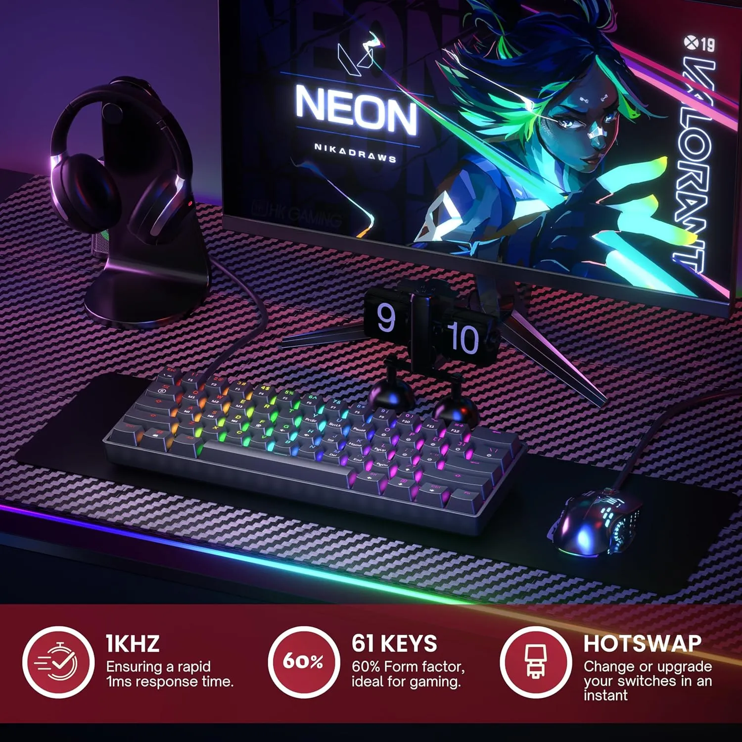 Mechanical Gaming Keyboard - 61 Keys Multi Color RGB Illuminated LED Backlit Wired Programmable for PC/Mac Gamer (Gateron Optical Red, Black)