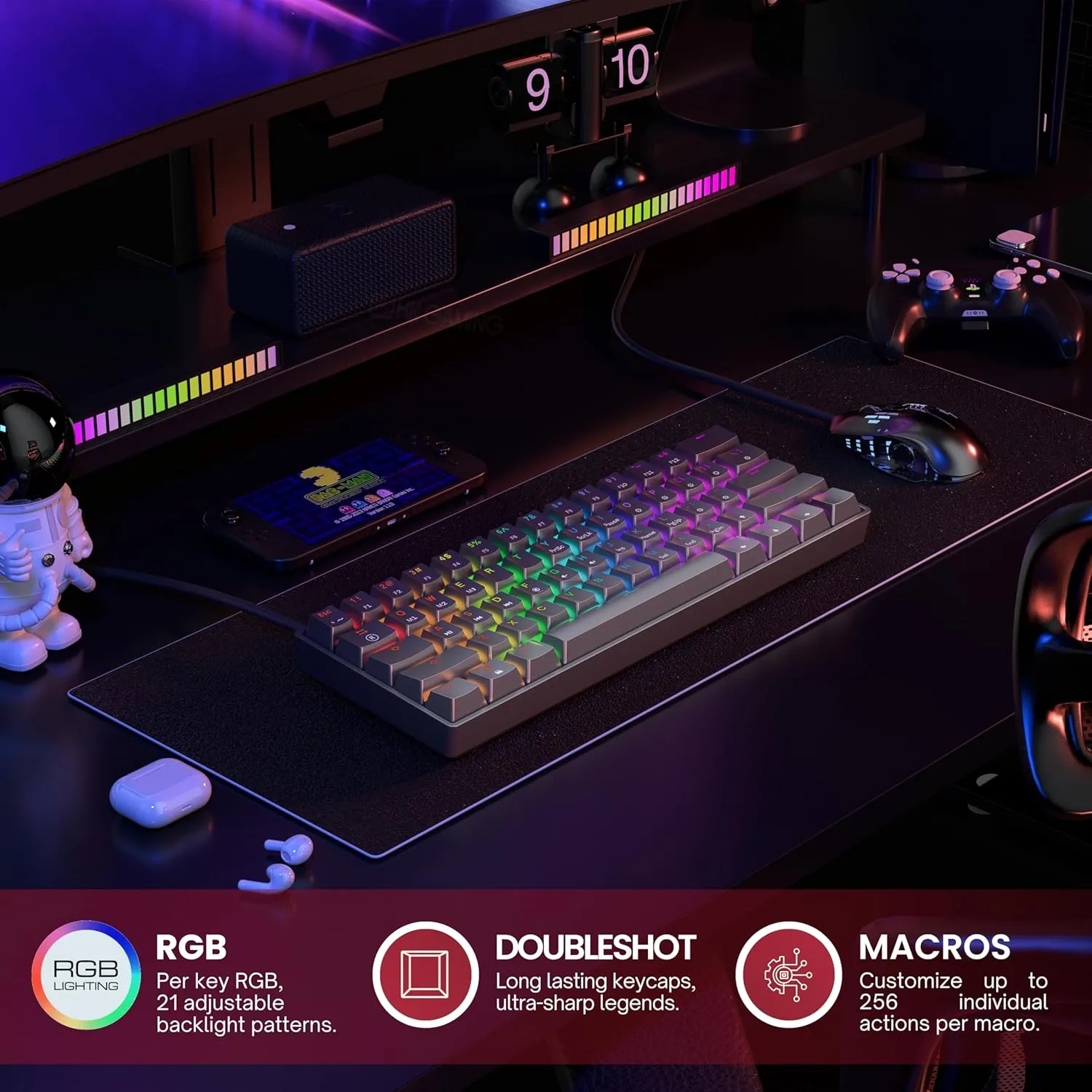 Mechanical Gaming Keyboard - 61 Keys Multi Color RGB Illuminated LED Backlit Wired Programmable for PC/Mac Gamer (Gateron Optical Red, Black)