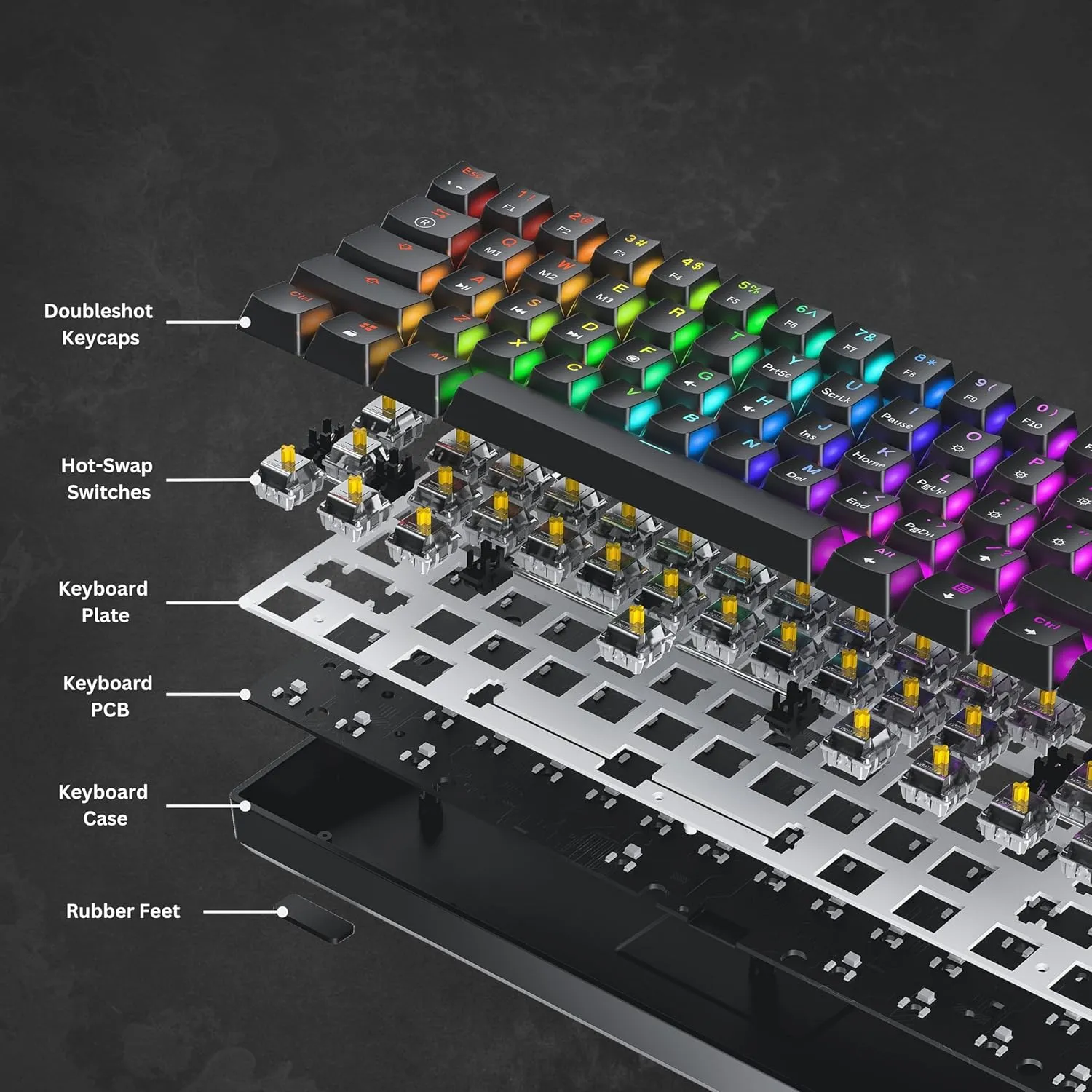 Mechanical Gaming Keyboard - 61 Keys Multi Color RGB Illuminated LED Backlit Wired Programmable for PC/Mac Gamer (Gateron Optical Yellow, Black)