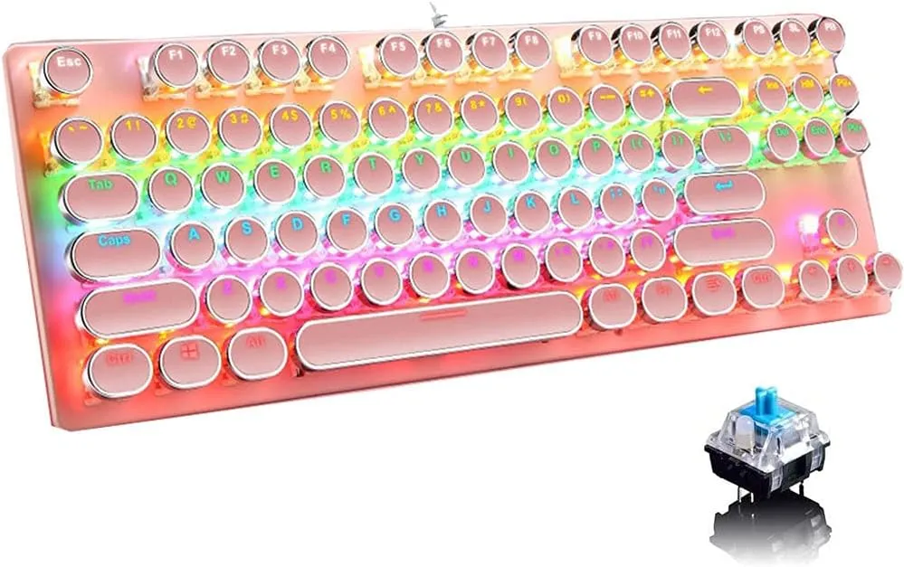 Mechanical Gaming Pink Keyboard,87 Key Retro Punk Typewriter-Style,Blue Switch RGB Backlit Keyboard,Anti-Ghosting, USB Wired, for PC Laptop Desktop Computer, for Game and Office