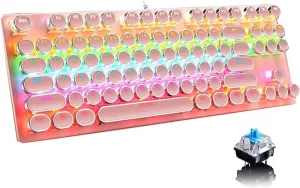 Mechanical Gaming Pink Keyboard,87 Key Retro Punk Typewriter-Style,Blue Switch RGB Backlit Keyboard,Anti-Ghosting, USB Wired, for PC Laptop Desktop Computer, for Game and Office