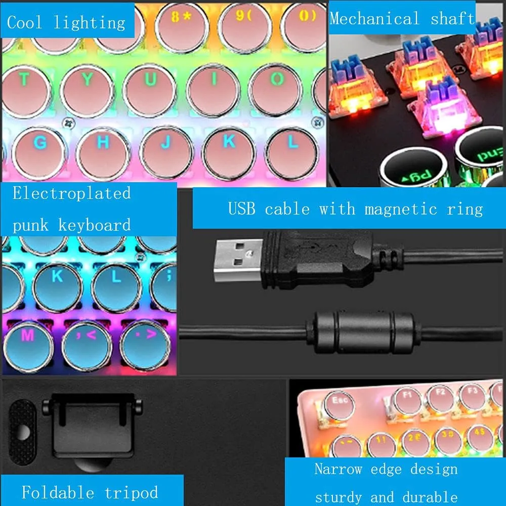 Mechanical Gaming Pink Keyboard,87 Key Retro Punk Typewriter-Style,Blue Switch RGB Backlit Keyboard,Anti-Ghosting, USB Wired, for PC Laptop Desktop Computer, for Game and Office