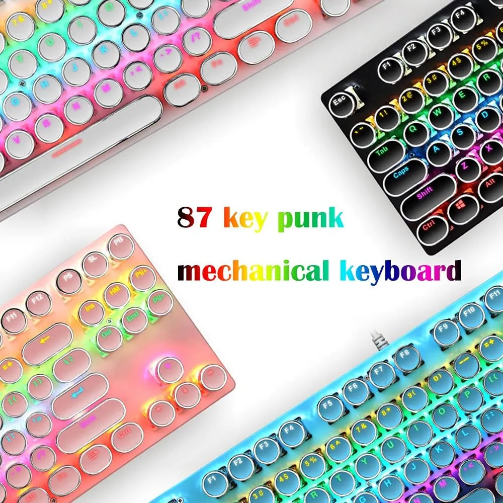 Mechanical Gaming Pink Keyboard,87 Key Retro Punk Typewriter-Style,Blue Switch RGB Backlit Keyboard,Anti-Ghosting, USB Wired, for PC Laptop Desktop Computer, for Game and Office