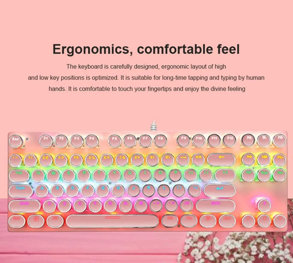 Mechanical Gaming Pink Keyboard,87 Key Retro Punk Typewriter-Style,Blue Switch RGB Backlit Keyboard,Anti-Ghosting, USB Wired, for PC Laptop Desktop Computer, for Game and Office
