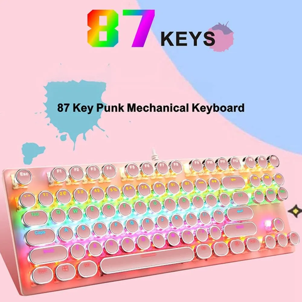 Mechanical Gaming Pink Keyboard,87 Key Retro Punk Typewriter-Style,Blue Switch RGB Backlit Keyboard,Anti-Ghosting, USB Wired, for PC Laptop Desktop Computer, for Game and Office