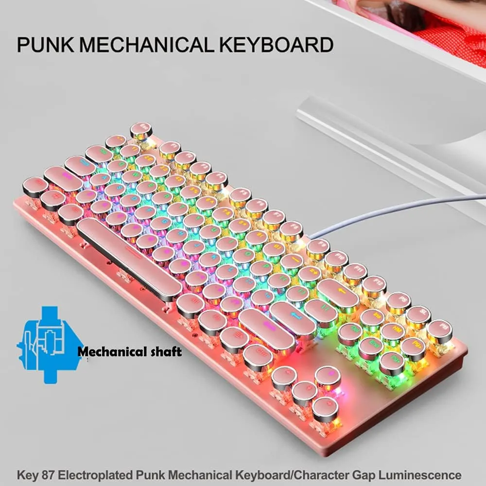 Mechanical Gaming Pink Keyboard,87 Key Retro Punk Typewriter-Style,Blue Switch RGB Backlit Keyboard,Anti-Ghosting, USB Wired, for PC Laptop Desktop Computer, for Game and Office