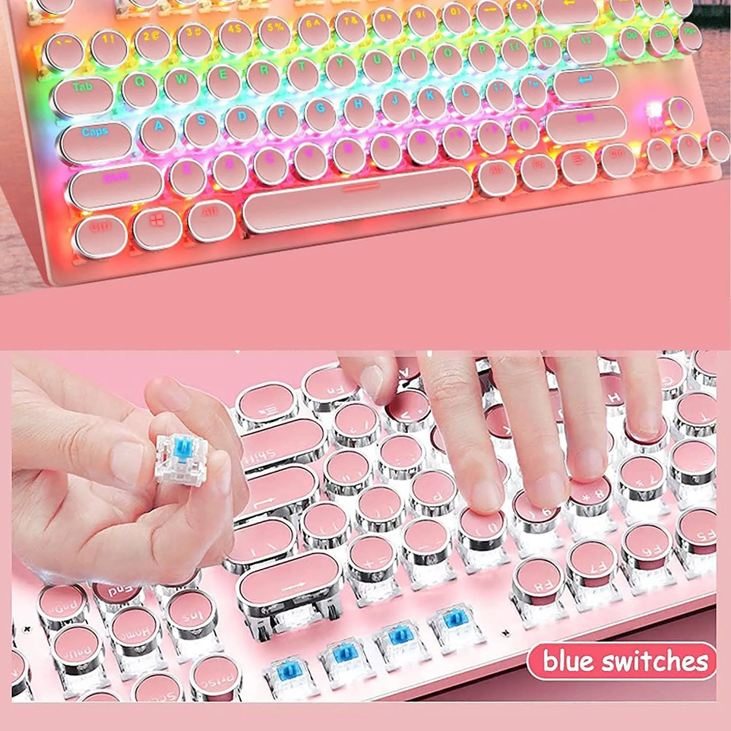 Mechanical Gaming Pink Keyboard,87 Key Retro Punk Typewriter-Style,Blue Switch RGB Backlit Keyboard,Anti-Ghosting, USB Wired, for PC Laptop Desktop Computer, for Game and Office