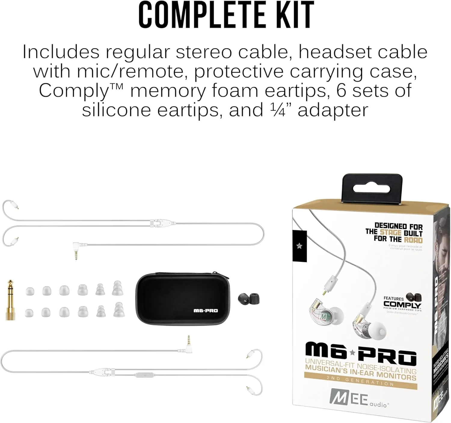 MEE audio M6 PRO In Ear Monitor Headphones for Musicians, 2nd Gen Model With Upgraded Sound, Memory Wire Earhooks & Replaceable Cables, Noise Isolating Professional Earbuds, 2 Cords Included (Clear)