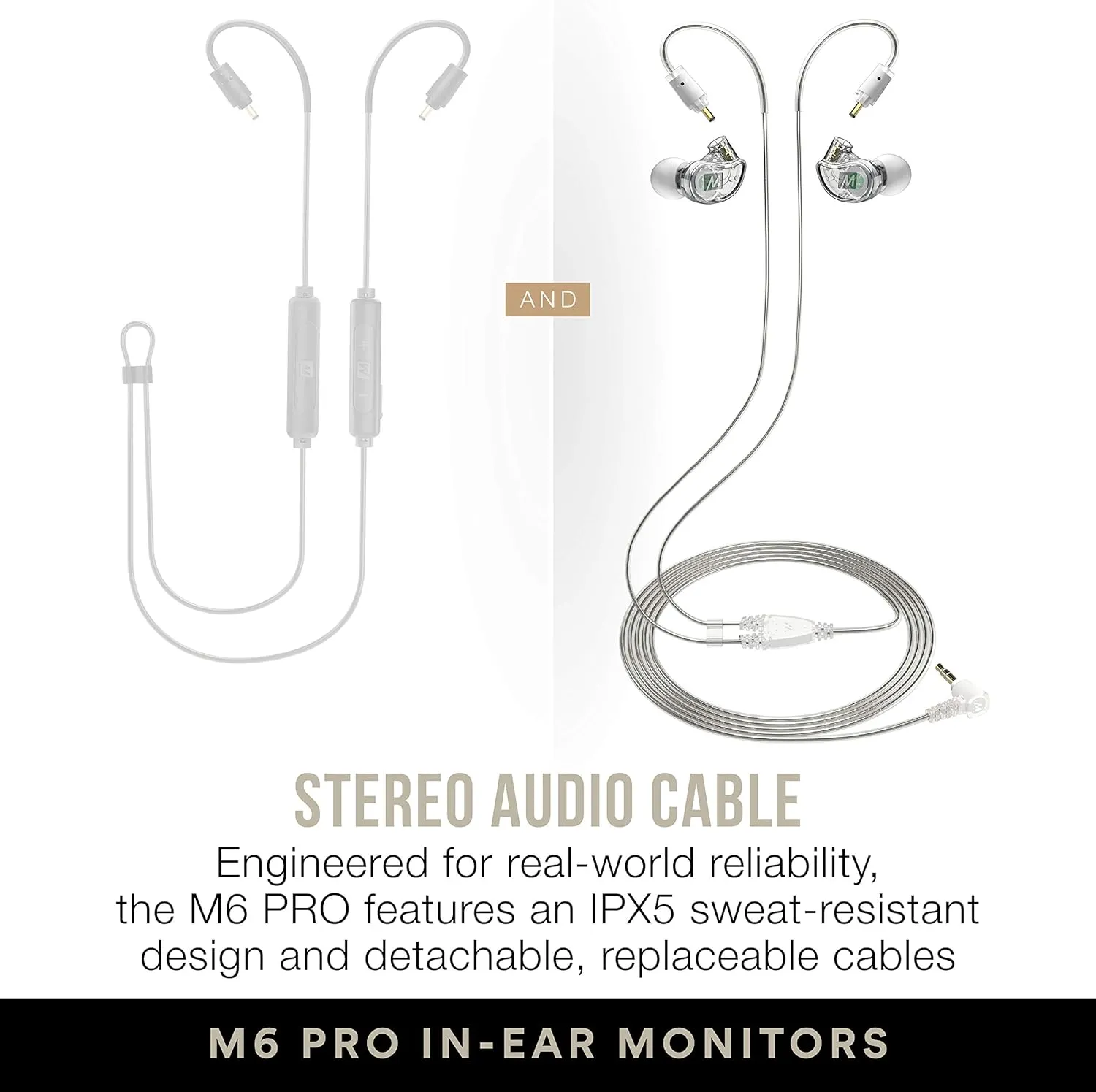 MEE audio M6 PRO Musicians' In-Ear Monitors Wired   Wireless Combo Pack: Includes Stereo Audio Cable and Bluetooth Audio Adapter (Clear) (CMB-M6PROBT-CL)