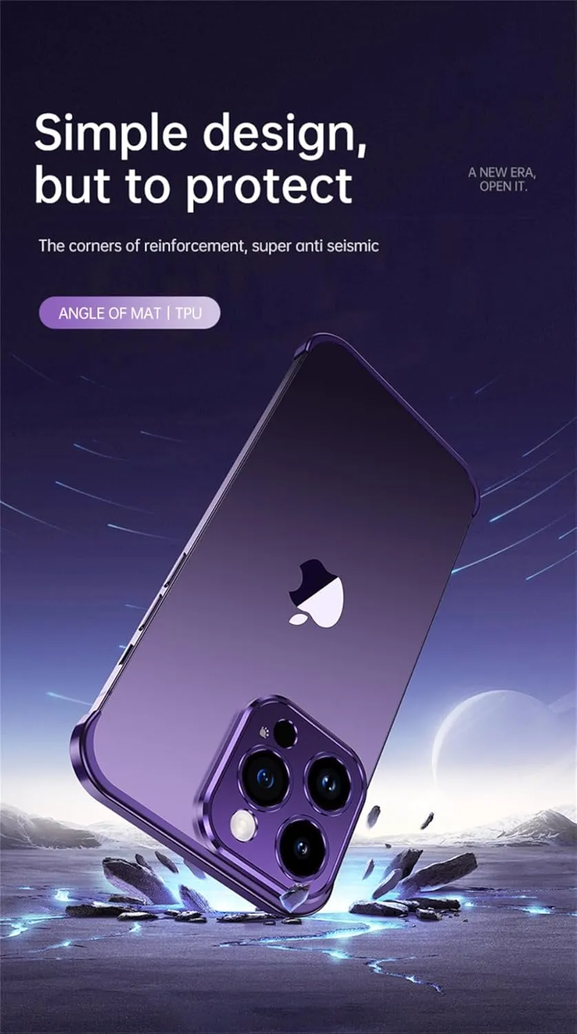 Metal Corner Pad Protection Case for iPhone 15 Pro Max 14 Plus 12 13 Camera Lens Protector Shockproof Frameless Bare Cover,Sky Blue,for iPhone 13Pro Max