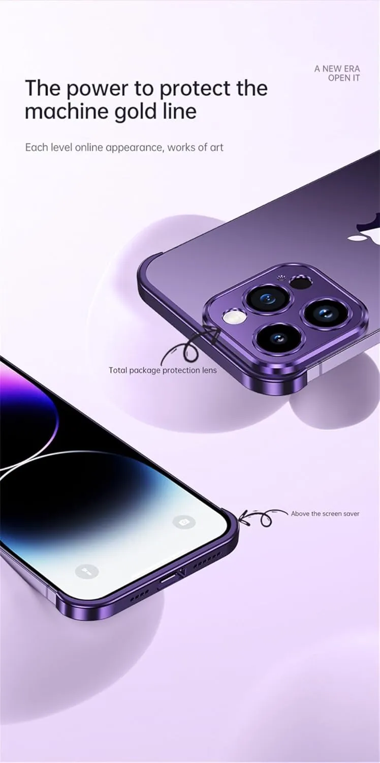 Metal Corner Pad Protection Case for iPhone 15 Pro Max 14 Plus 12 13 Camera Lens Protector Shockproof Frameless Bare Cover,Sky Blue,for iPhone 13Pro Max