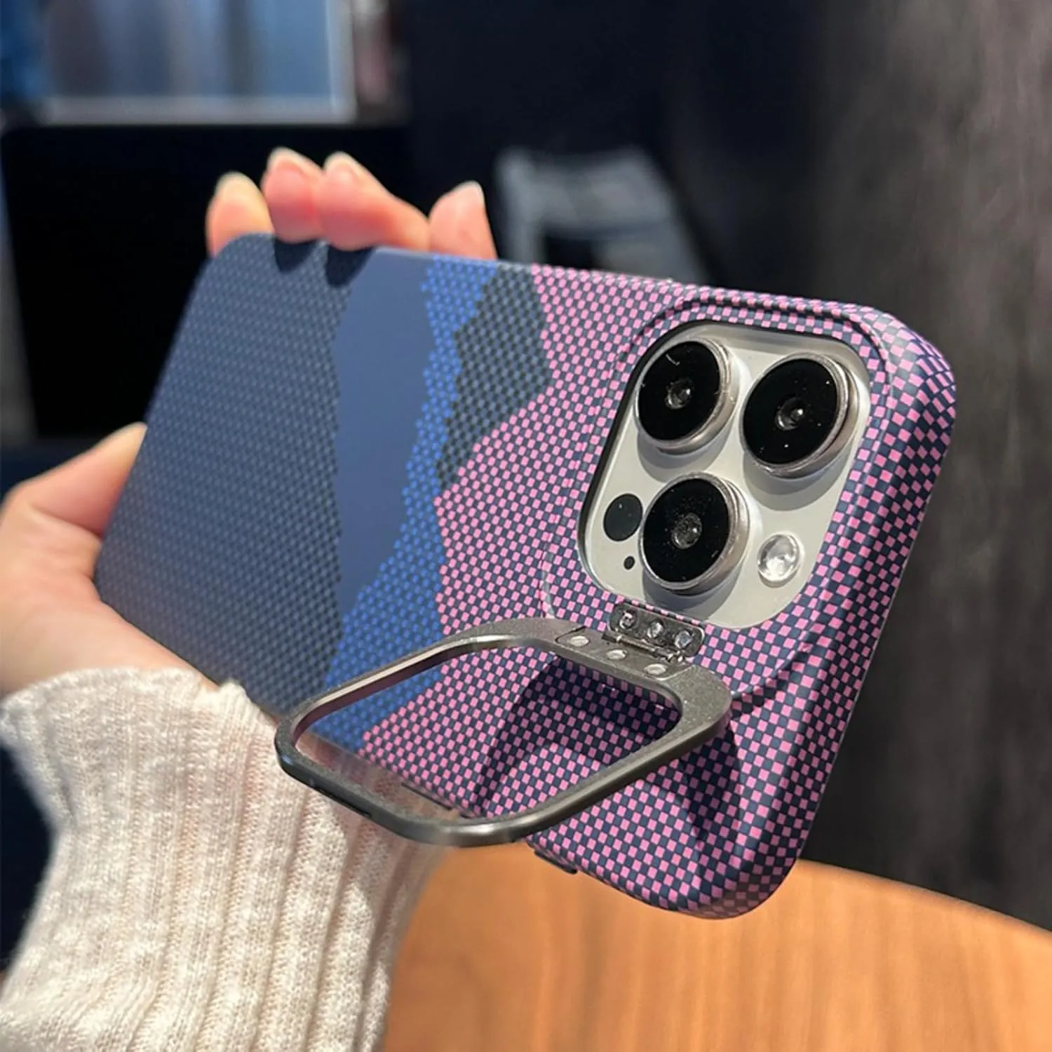 Mobile Phone Case for iPhone 13, Compatible with Magsafe Invisible Alloy Bracket, Carbon Fiber Texture Ultra-Thin Mobile Phone Case (Mountain Red,iPhone 13)