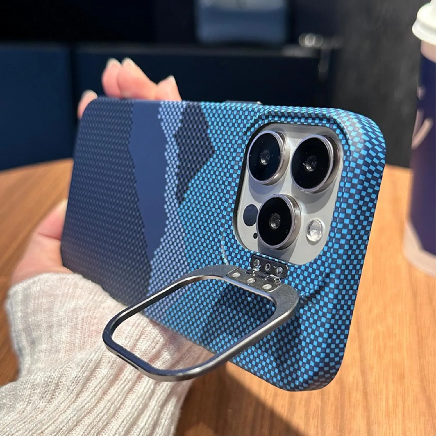 Mobile Phone Case for iPhone 13, Compatible with Magsafe Invisible Alloy Bracket, Carbon Fiber Texture Ultra-Thin Mobile Phone Case (Mountain Red,iPhone 13)