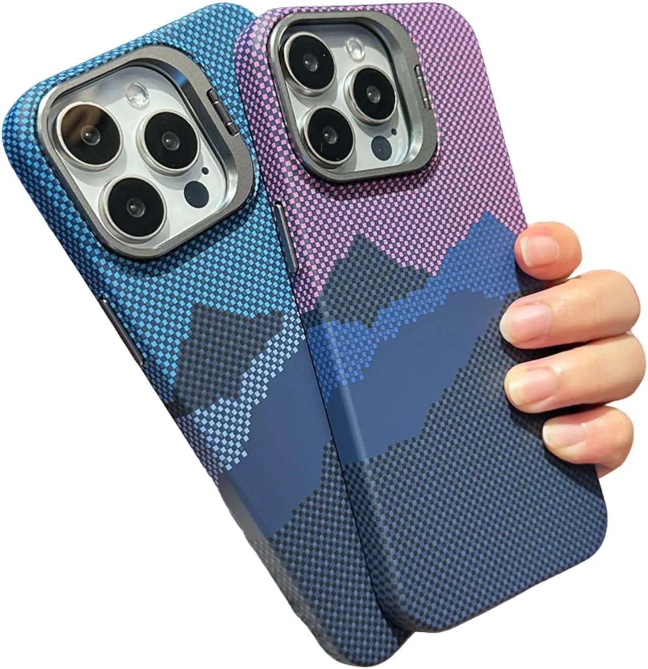 Mobile Phone Case for iPhone 13, Compatible with Magsafe Invisible Alloy Bracket, Carbon Fiber Texture Ultra-Thin Mobile Phone Case (Mountain Red,iPhone 13)