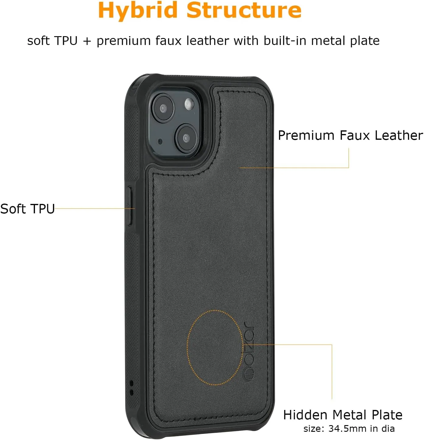 molzar MAG Series for iPhone 13 Case, Built-in Metal Plate for Magnetic Mount, Works with Qi-Certified Chargers, Compatible with iPhone 13, Black