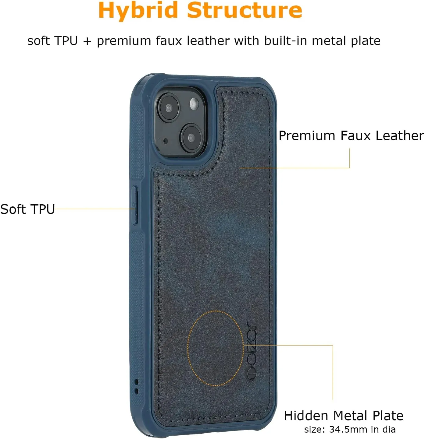 molzar MAG Series for iPhone 13 Case, Built-in Metal Plate for Magnetic Mount, Works with Qi-Certified Chargers, Compatible with iPhone 13, Blue