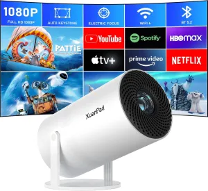 [Netflix Officially & Electric Focus] Projector with WiFi and Bluetooth, XuanPad Full HD 1080P Portable Projector, 210 Rotatable Stand, Auto Keystone, Dust Removal and Heat Dissipation Design