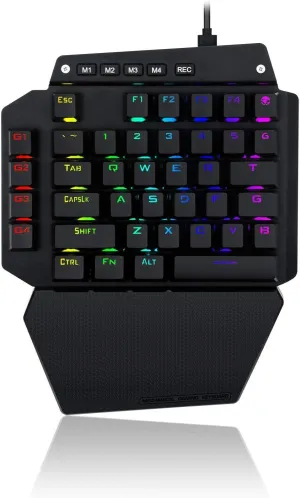 One Handed Mechanical Gaming Keyboard Wired, RGB Led Backlit, 6 Onboard Macro Keys, Detachable Wrist Rest, Blue Switch - Clicky, and Detachable Type C Cable, Metal Panel, All Keys No Conflict