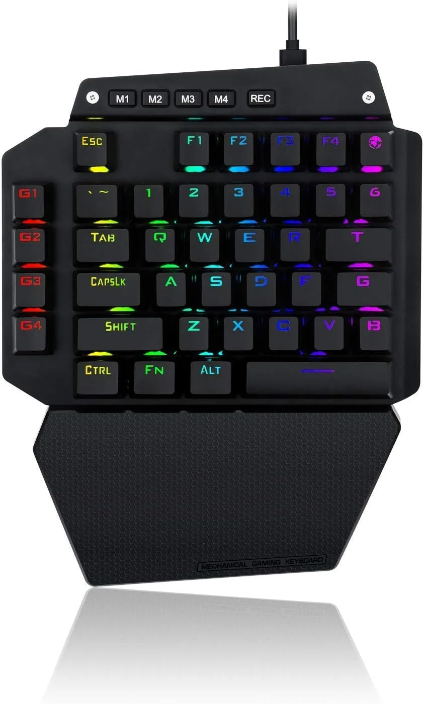 One Handed Mechanical Gaming Keyboard Wired, RGB Led Backlit, 6 Onboard Macro Keys, Detachable Wrist Rest, Blue Switch - Clicky, and Detachable Type C Cable, Metal Panel, All Keys No Conflict