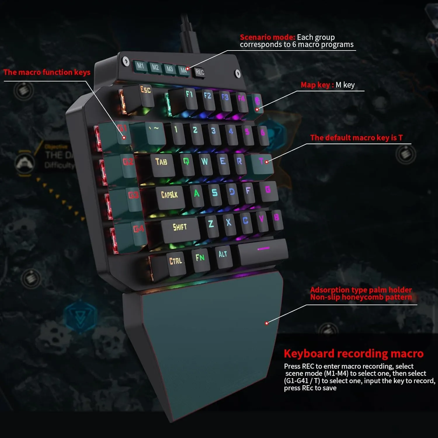 One Handed Mechanical Gaming Keyboard Wired, RGB Led Backlit, 6 Onboard Macro Keys, Detachable Wrist Rest, Blue Switch - Clicky, and Detachable Type C Cable, Metal Panel, All Keys No Conflict