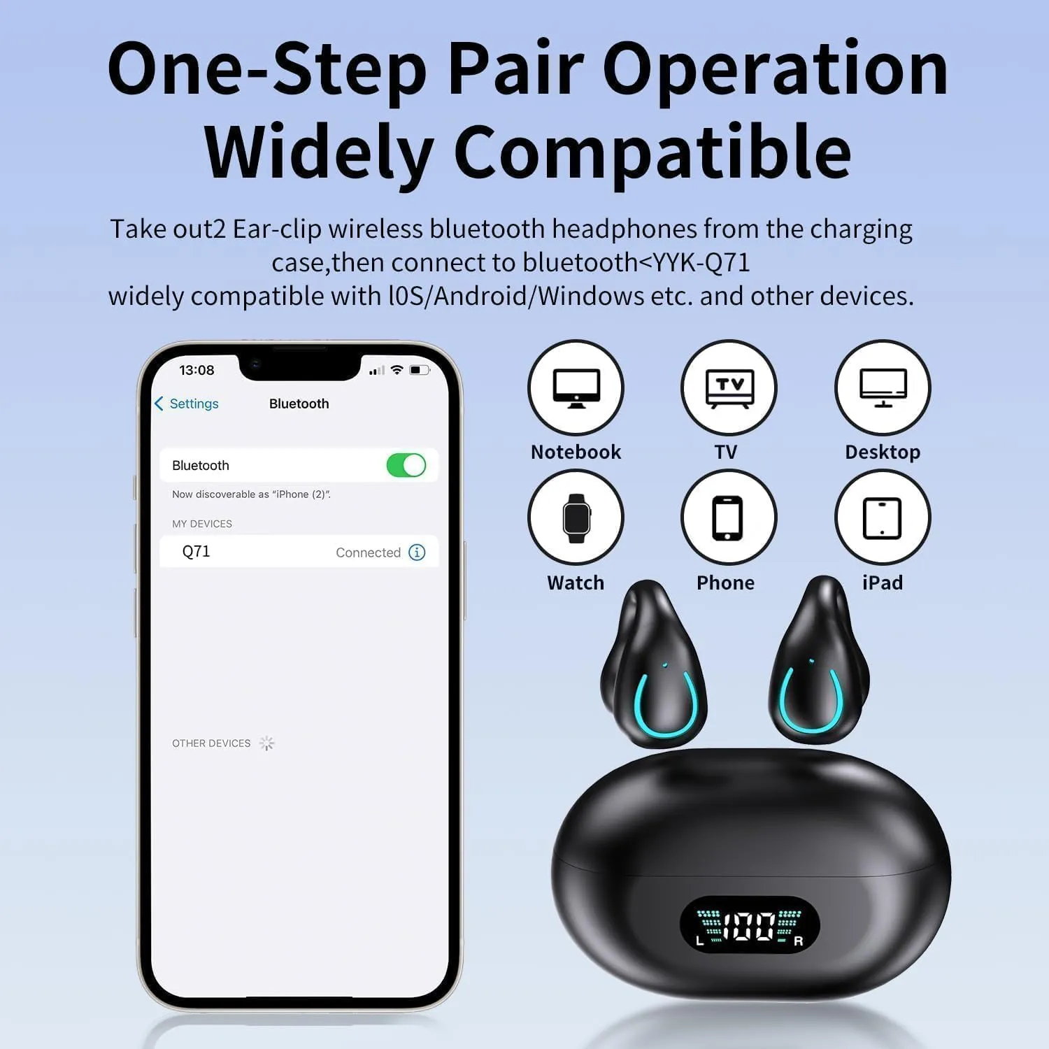 Open Ear Bone Conduction Earbuds Wireless Clip On Headphones with Digital Display Charging Case with Ear Hook Built-in Mic IPX7 Waterproof Bluetooth 5.3 Sport Earphones for Running Fitness